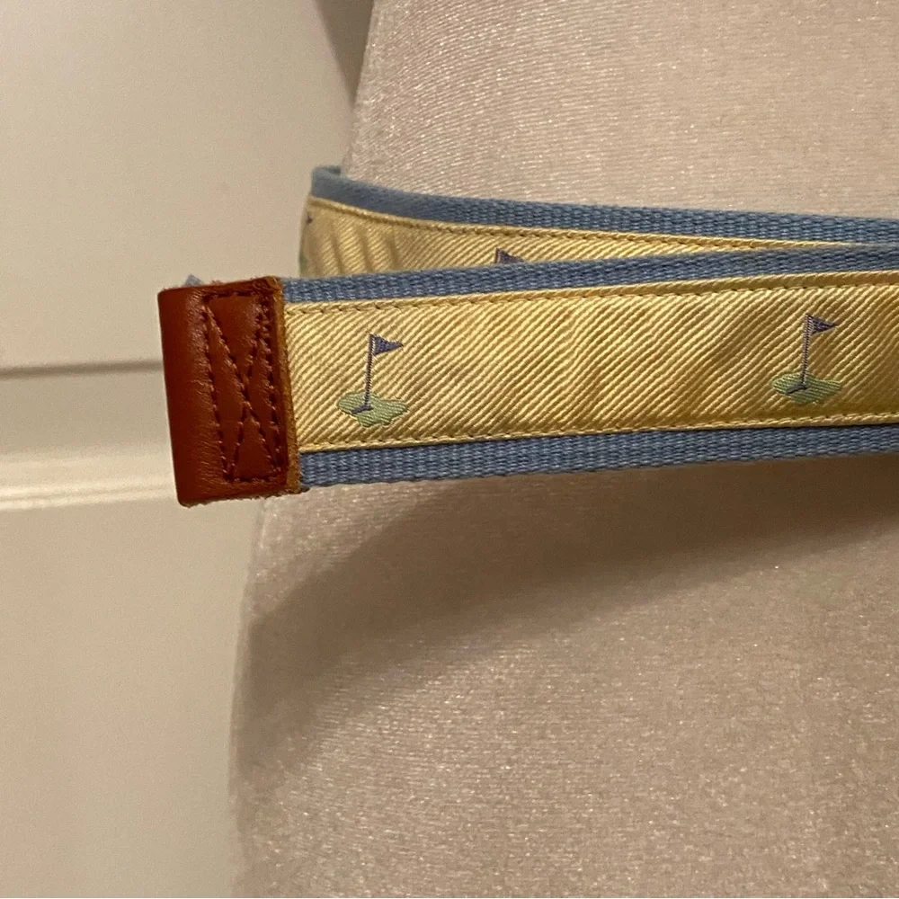 J. McLAUGHLIN BELT GOLF FLAG BLUE WEBBING YELLOW RIBBON BROWN LEATHER SIZE S USA